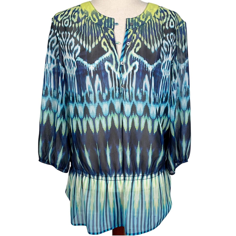 Chico's Blouse Women M Blue Green Abstract Watercolor Sheer Blouson Tunic Top
